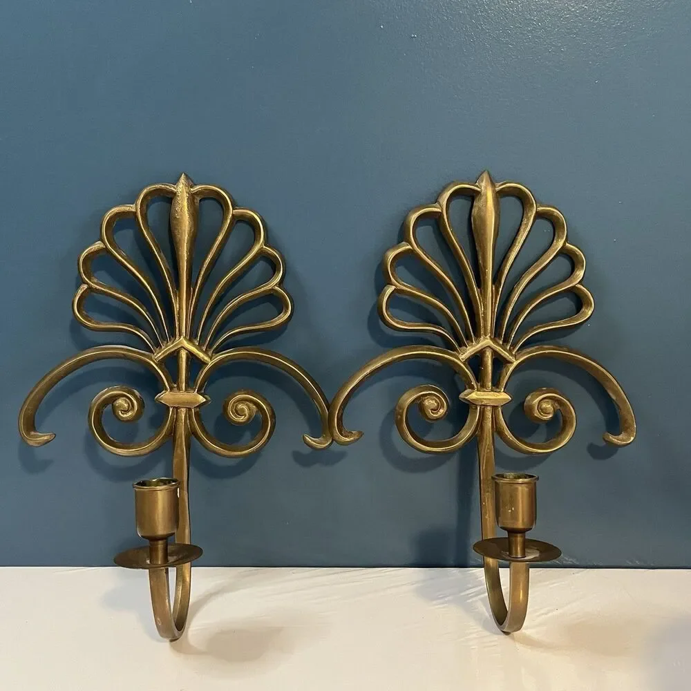 Solid Brass Wall Mounted Sconces Pair Scroll Design 90’s Single Candlestick